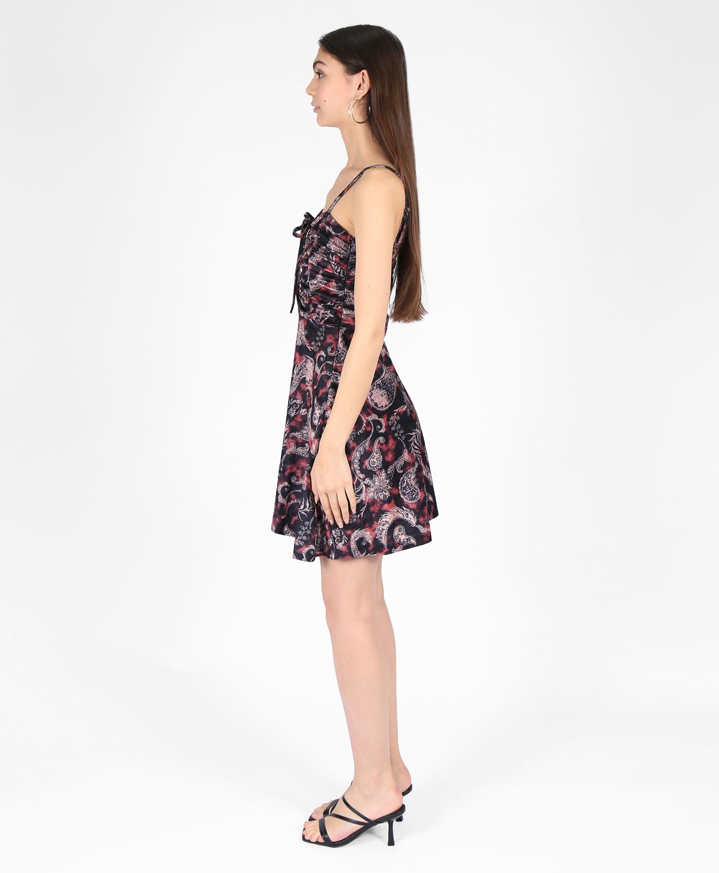 Ruched Mini Dress In Black Paisley