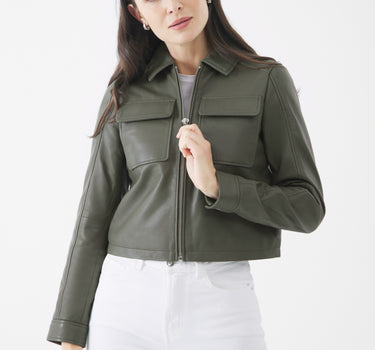 Real Leather Thea Zip Through Jacket | Olive Night
