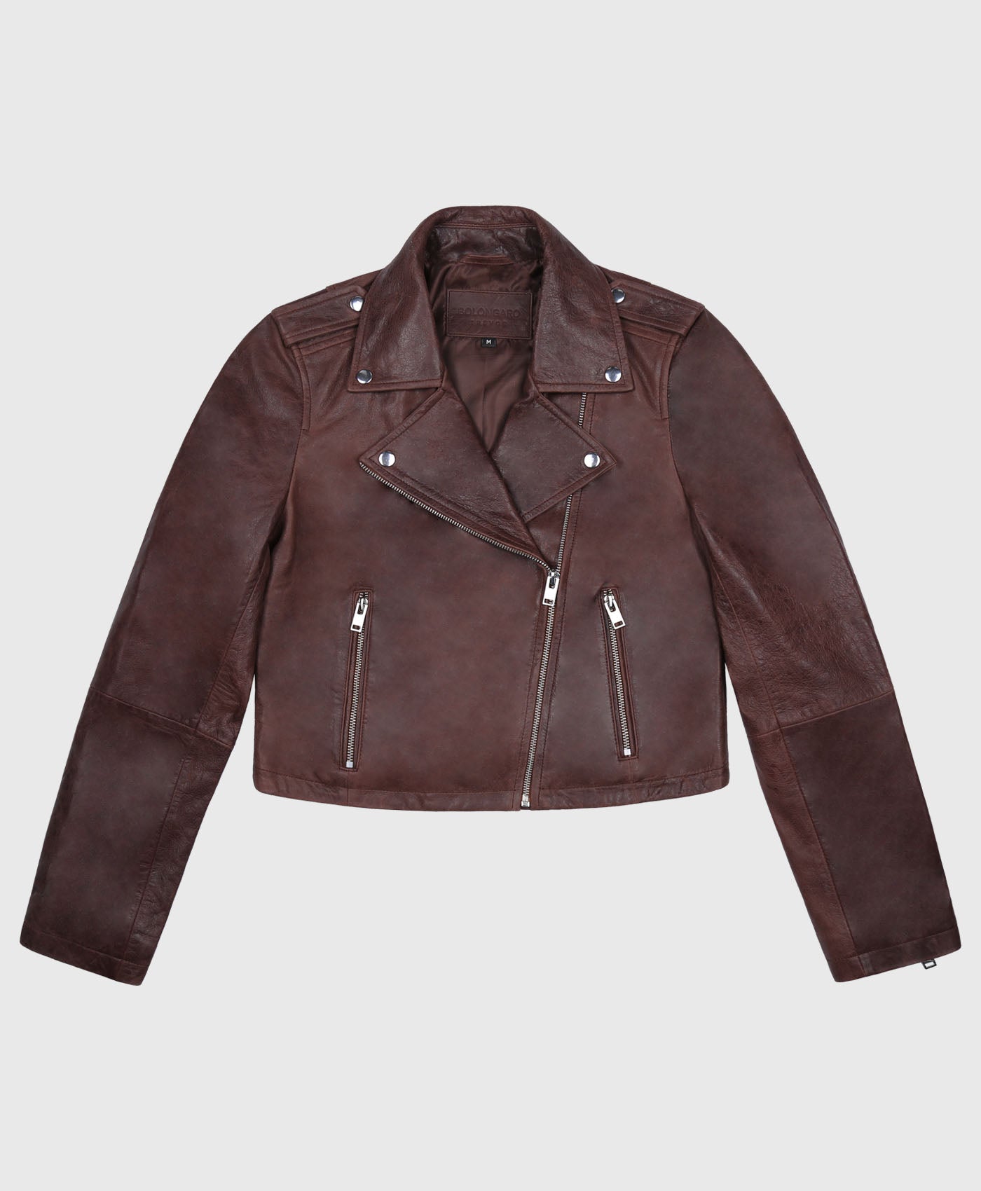 Olivia Cropped Leather Biker Jacket In Brown