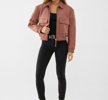 Real Leather Cropped Bomber Jacket