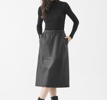 Real Leather Simone Elasticated Waist Midi Skirt | Black