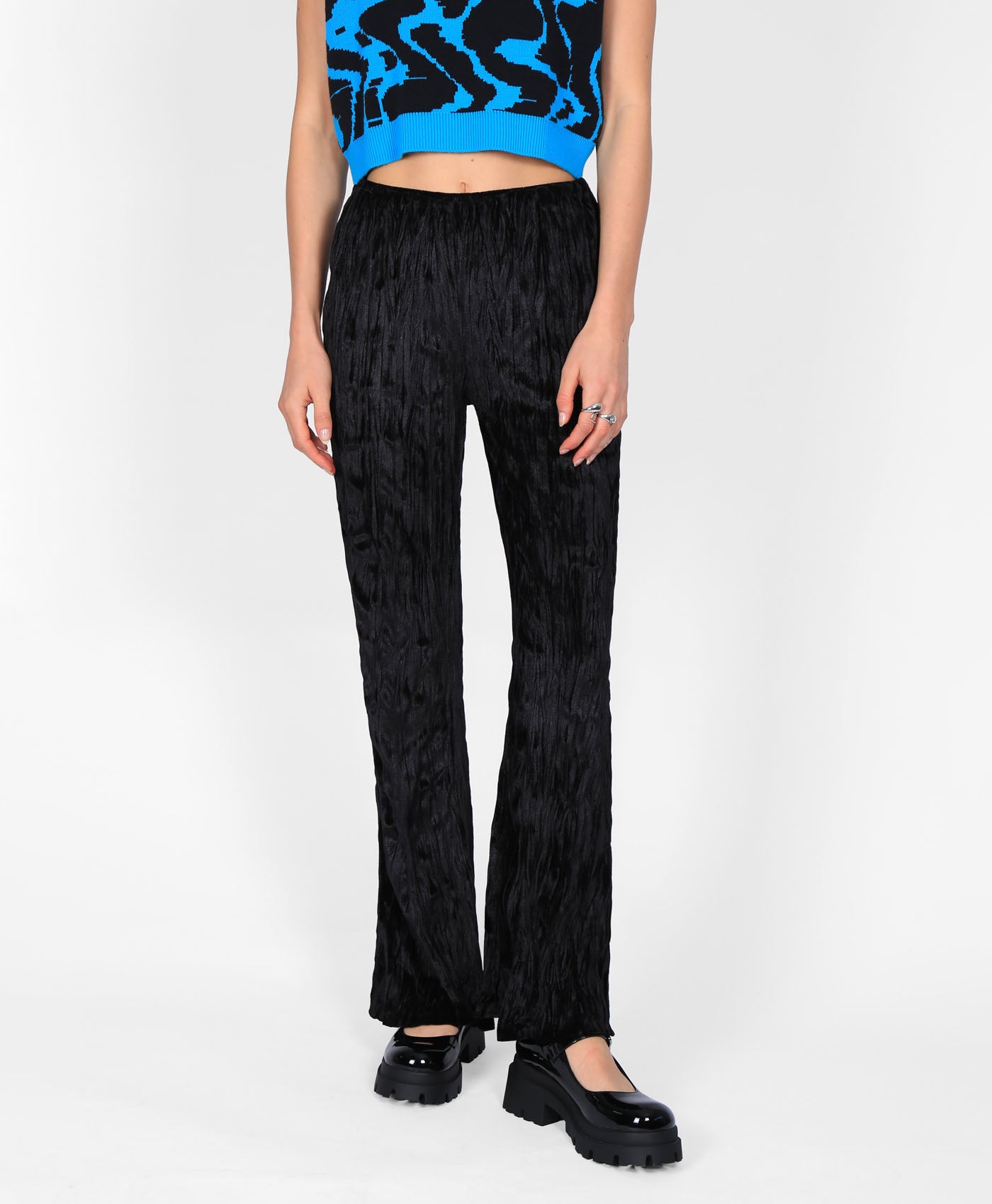 Plisse Kick Flare Trousers In Black