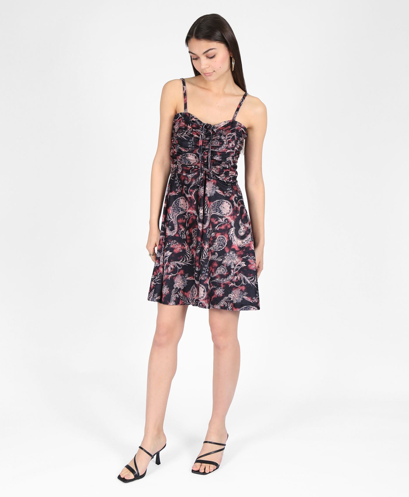 Ruched Mini Dress In Black Paisley