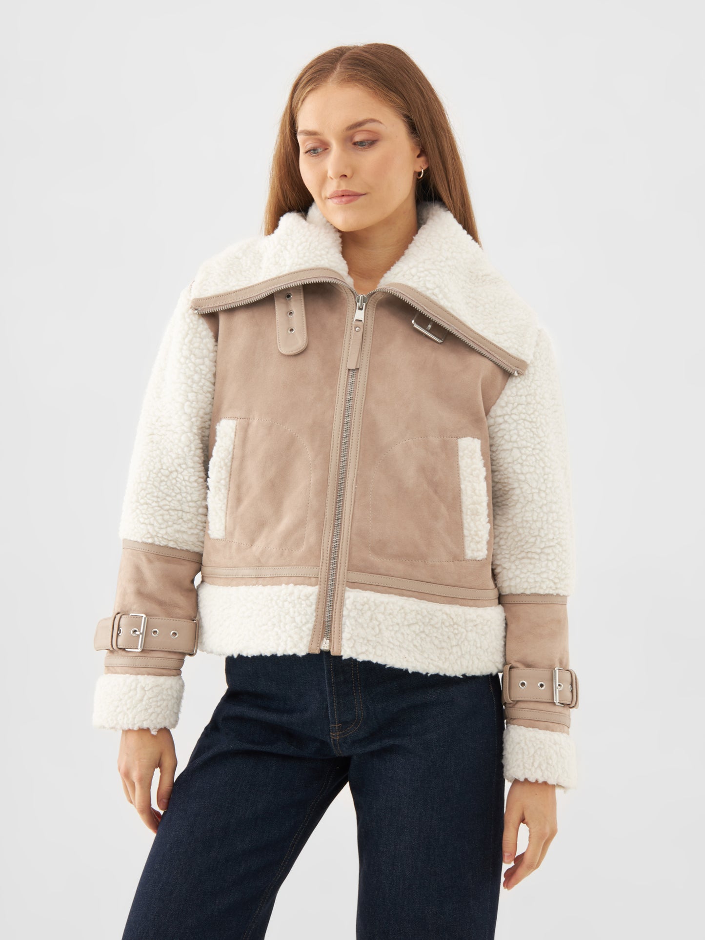 Real Suede Funnel Shearling Jacket