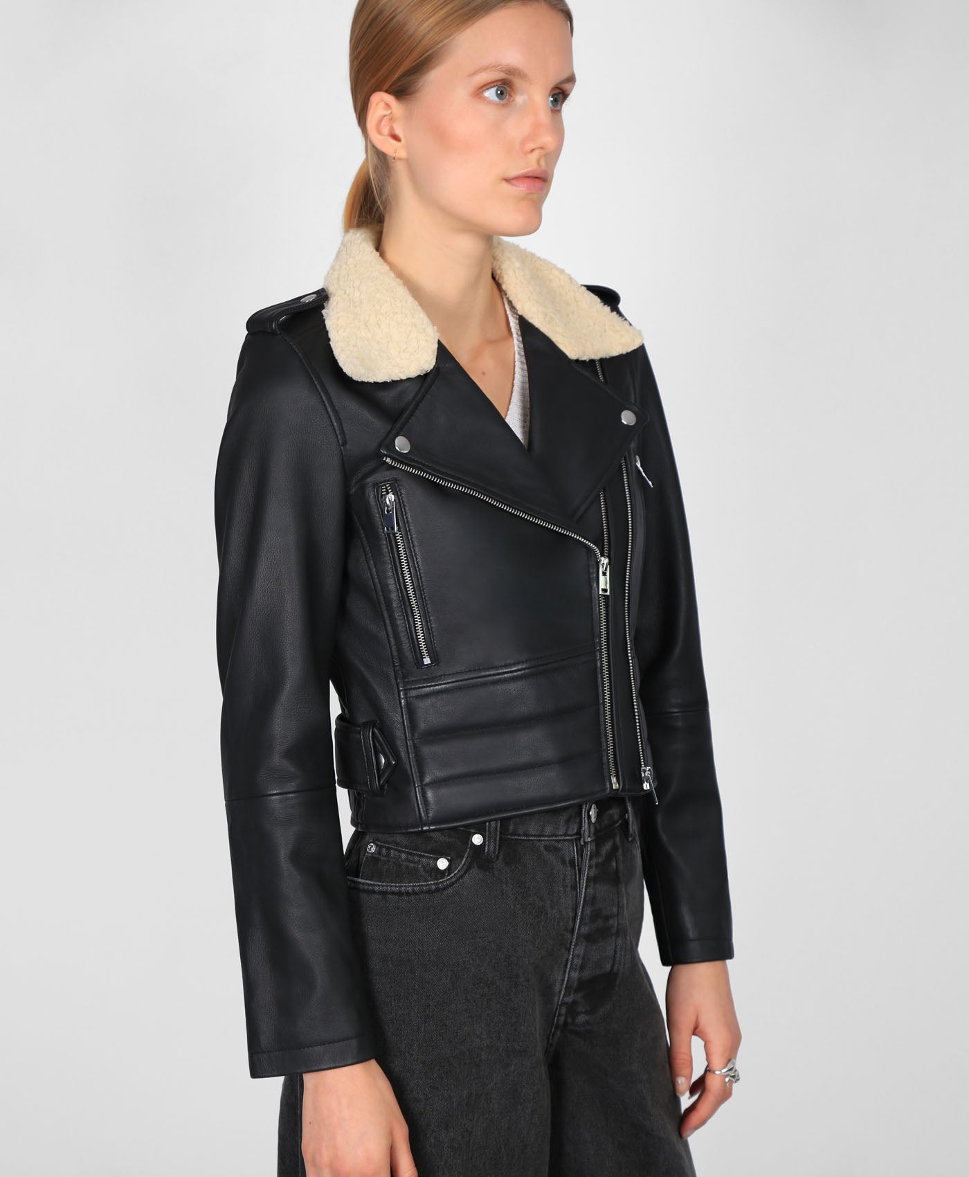 Biker shearling jacket discount