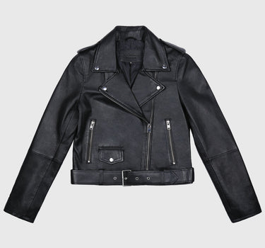 Cropped Belted Leather Biker Jacket In Black