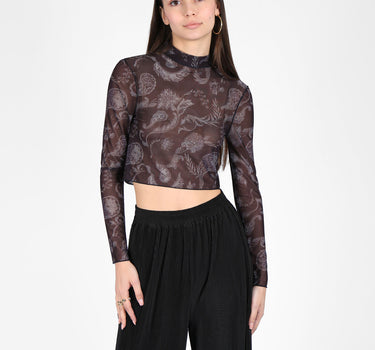 Printed Long Sleeve Mesh Top In Multi