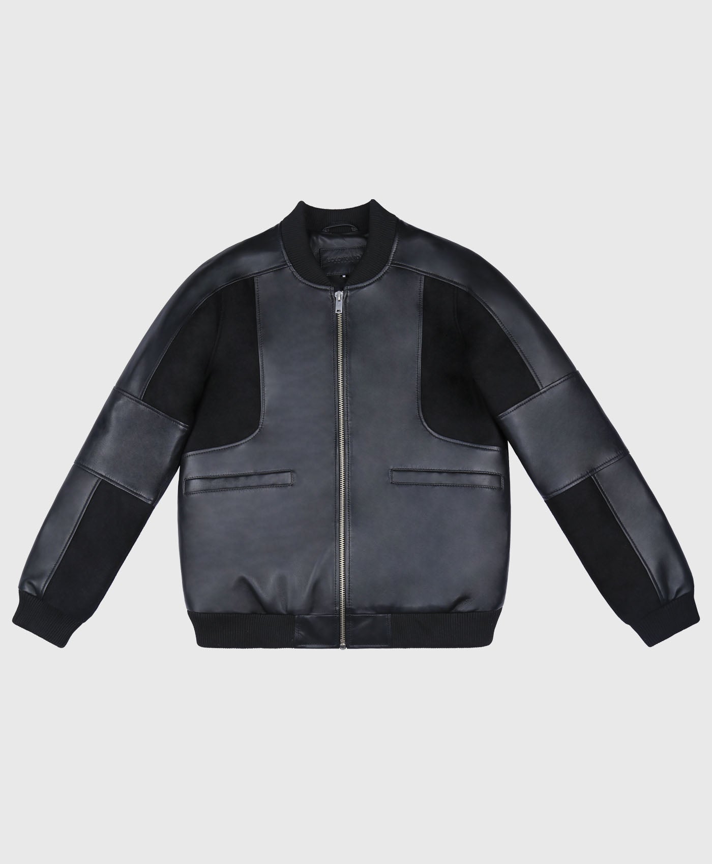 Contrast Panel Leather Bomber In Black