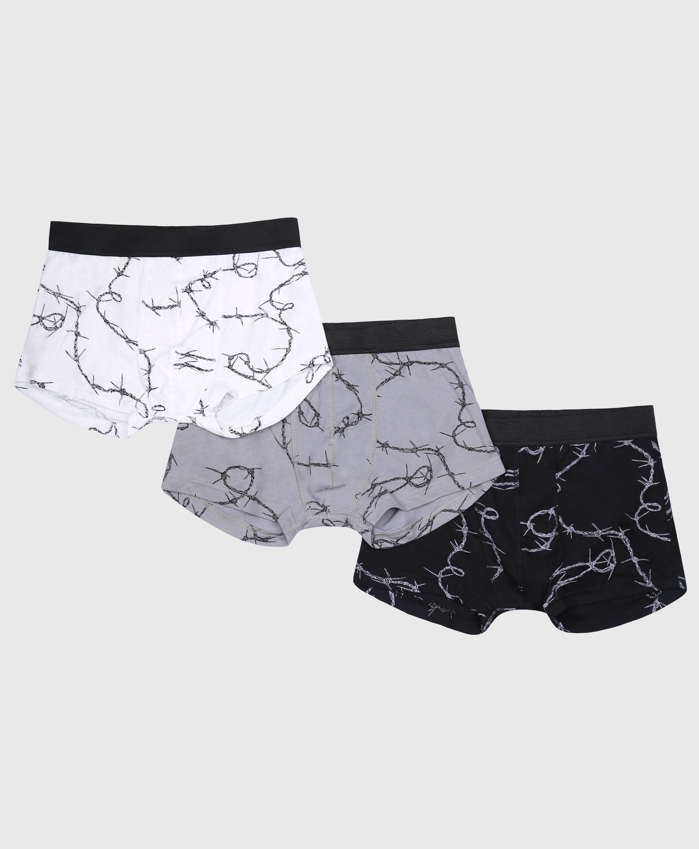 3 Pack Trunks In Black Grey And White Barbed Wire Print