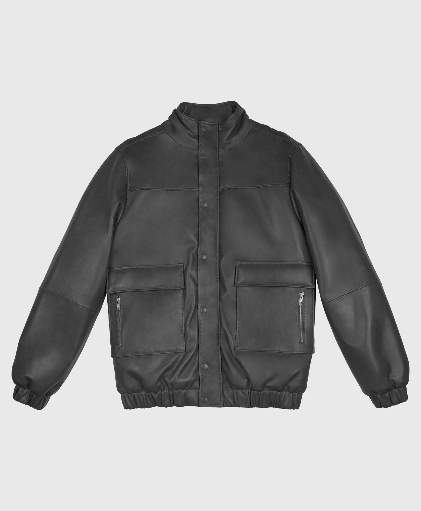 Longline Zip Through Leather Bomber In Black