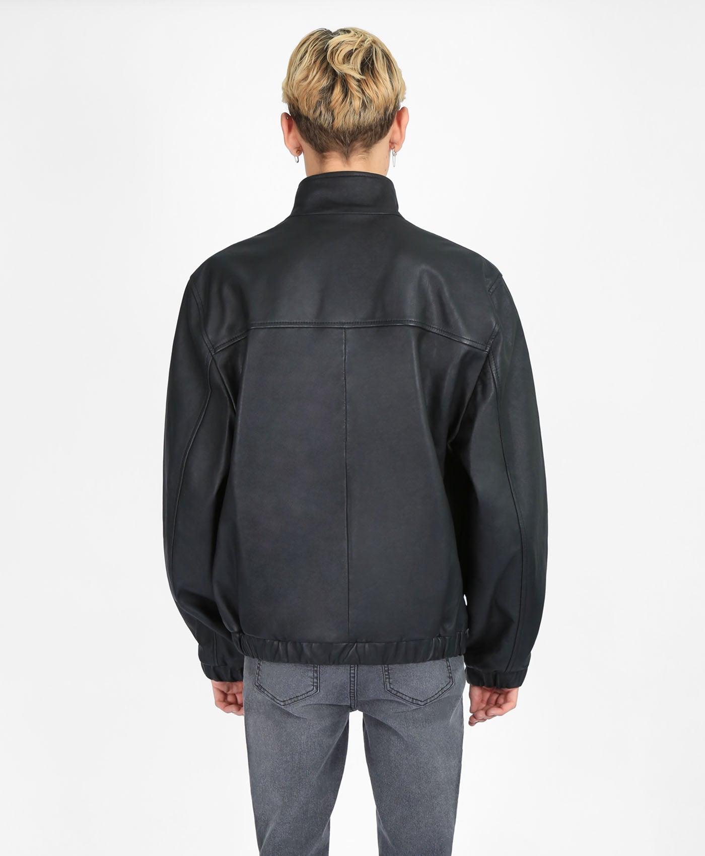 Longline Zip Through Leather Bomber In Black