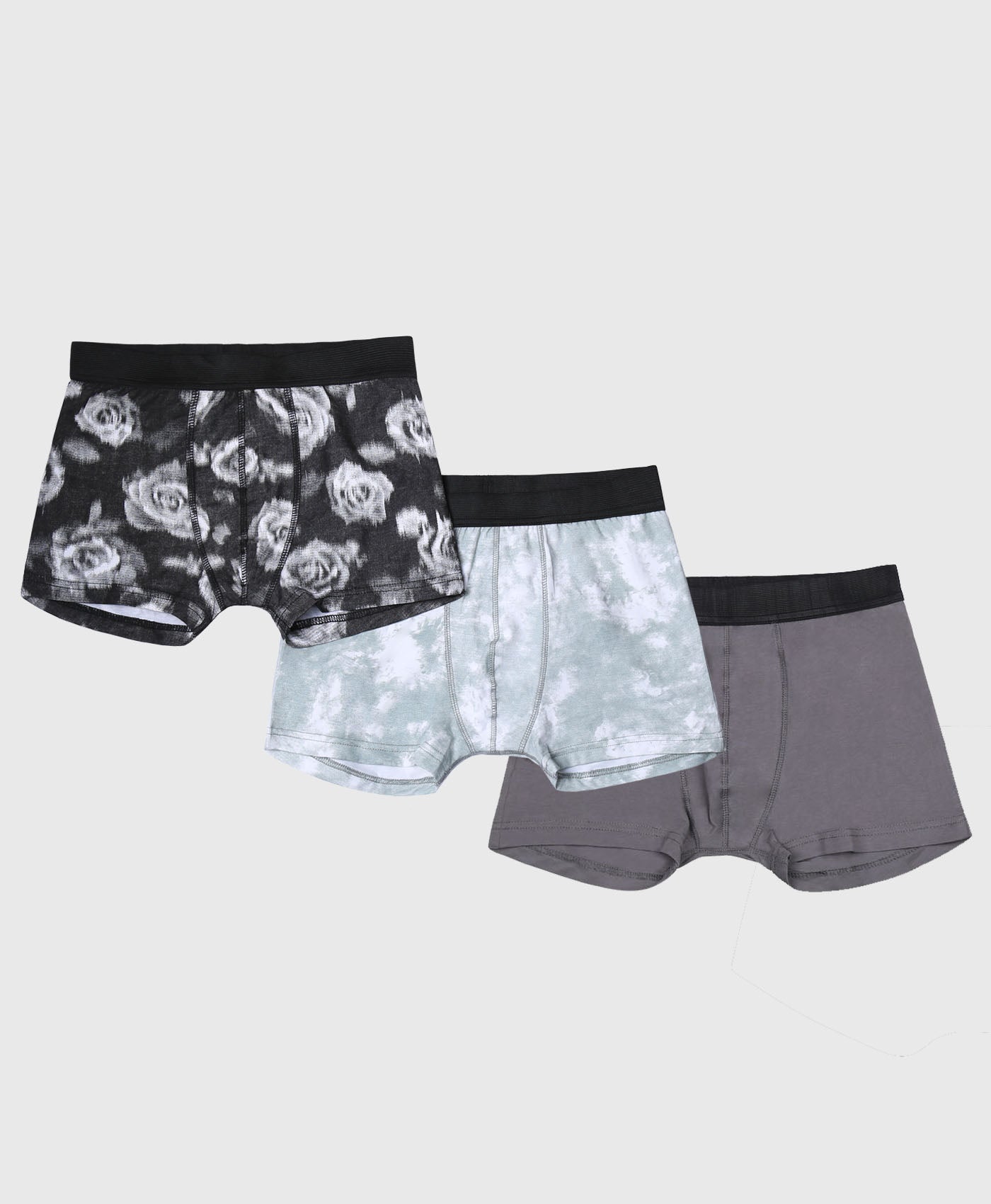 3 Pack Boxer Briefs In Black And Charcoal Blurred Floral Print