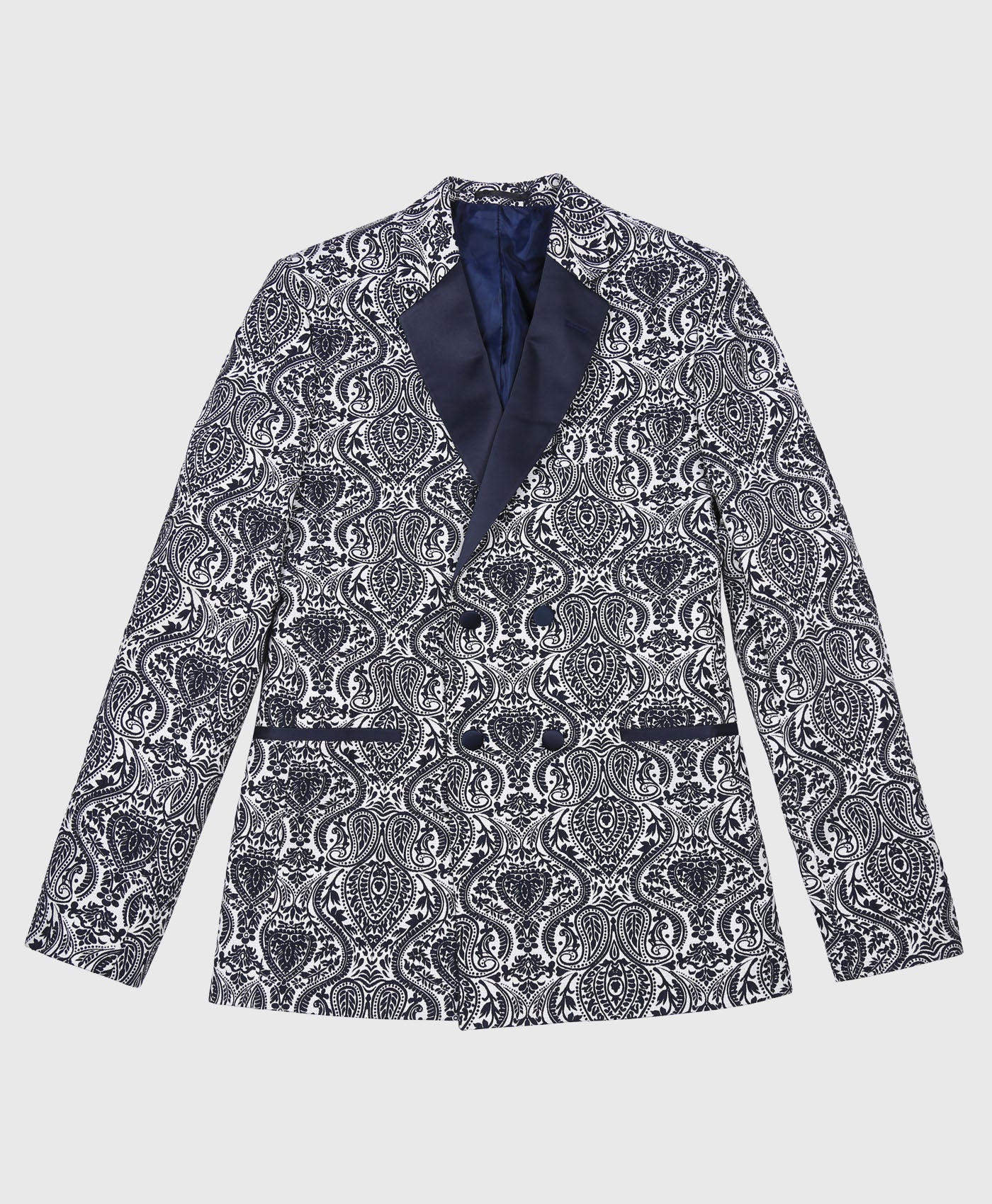 Paisley Print Black Lapel Suit Jacket In Navy And Cream