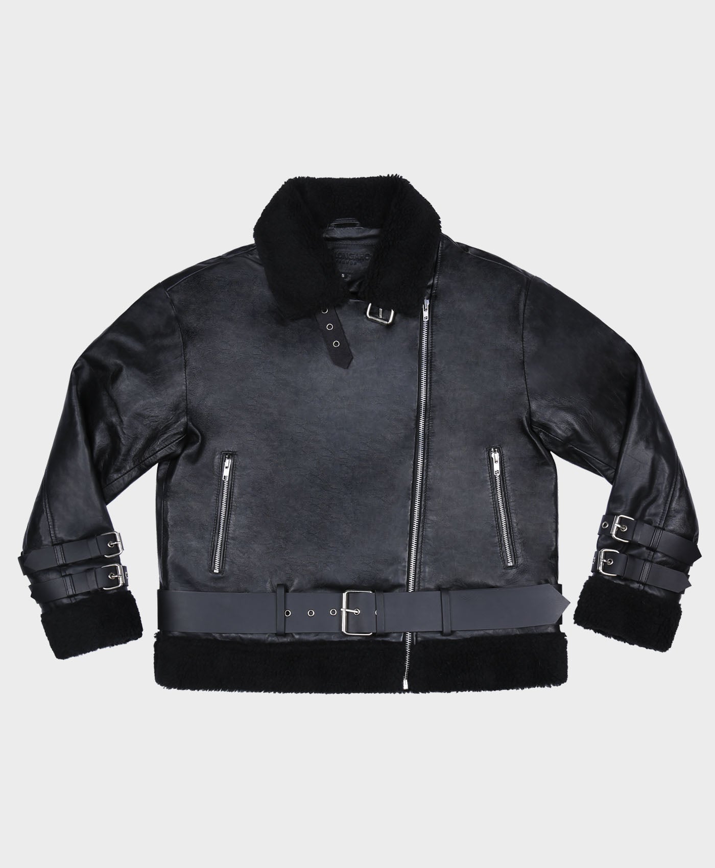 Shearling Trim Classic Leather Aviator Jacket In Black