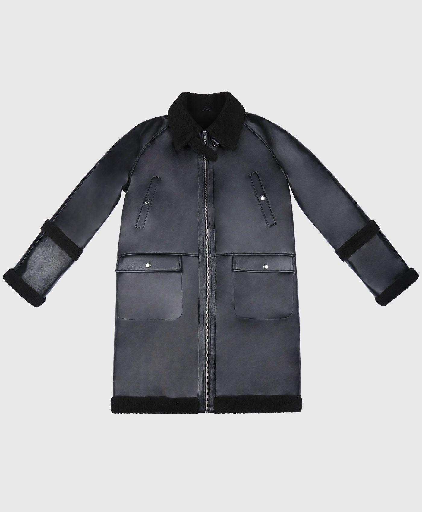 Shearling Longline Leather Parker In Black