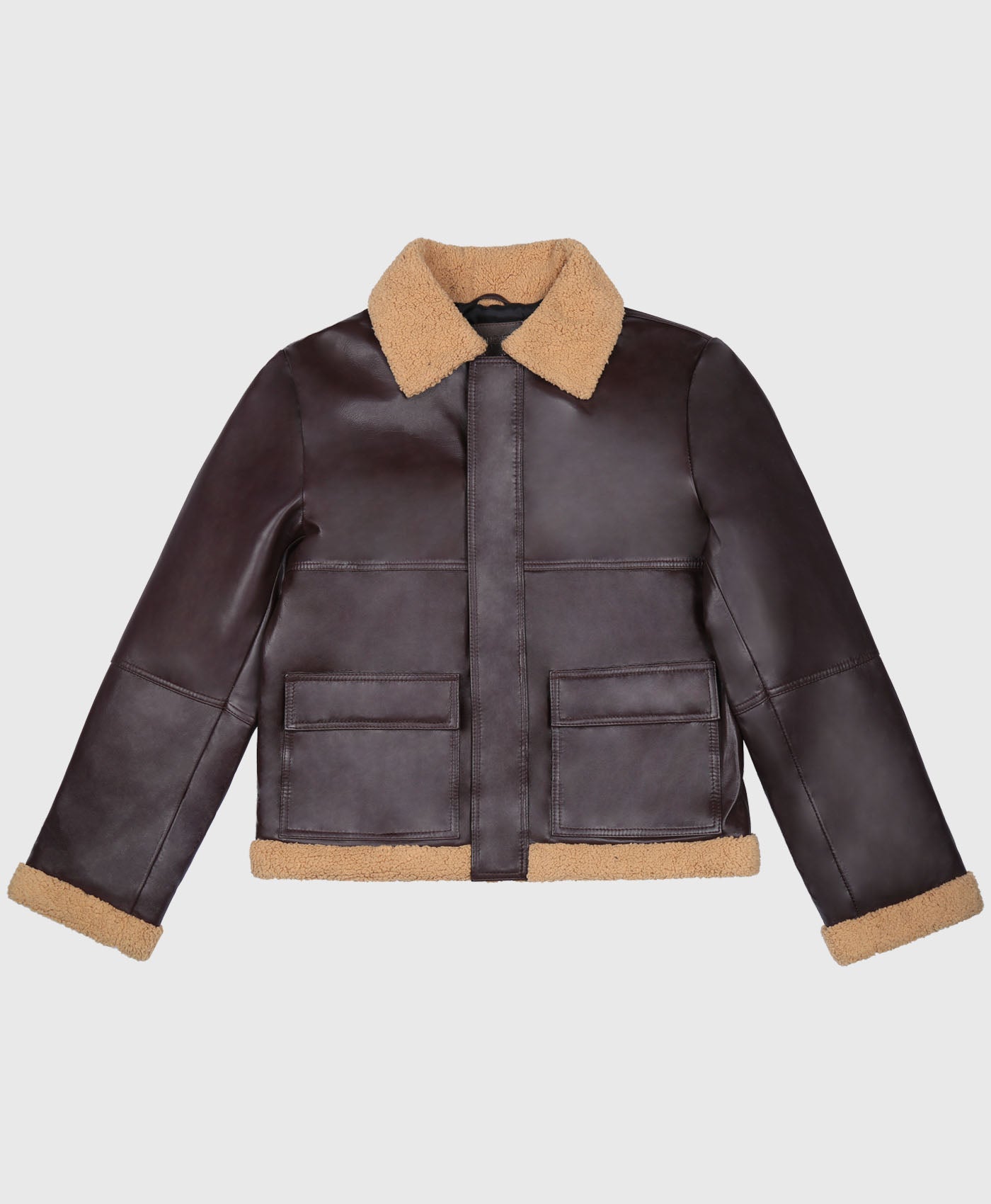 Short Shearling Collared Leather Jacket In Brown